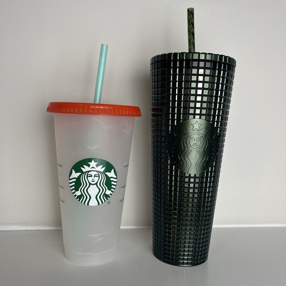 Starbucks 2021 Cold Cup Set‎ - Winter Green Grid Tumbler & Color Change Confetti